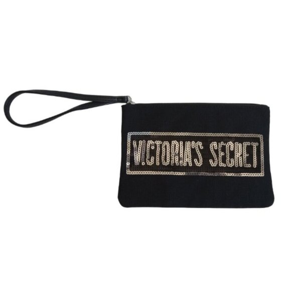 Victoria's Secret Black Canvas and Silver Sequined Clutch Wristlet Make Up Bag - Picture 1 of 7